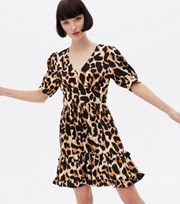 New Look Brown Leopard Print Frill Mini Dress